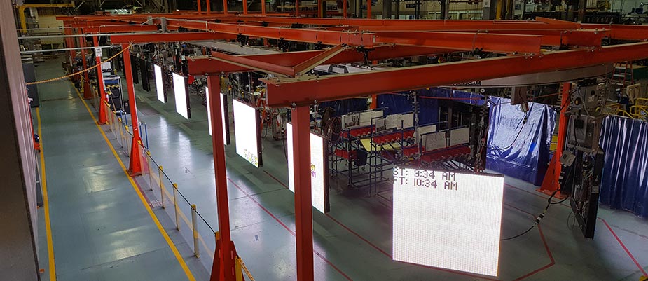 LED video displays hanging on Daktronics manufacturing floor