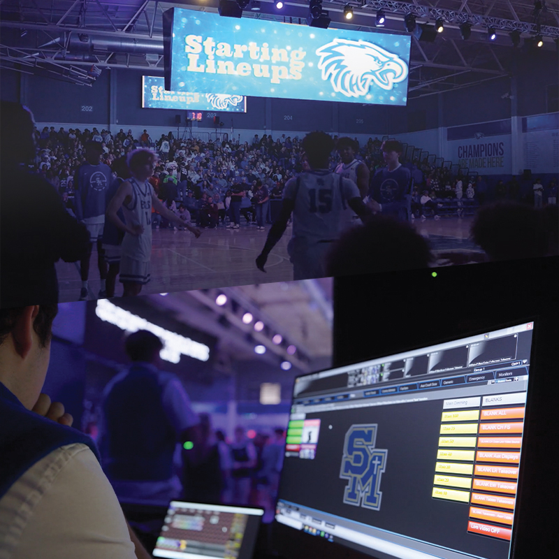 LED video on wall and ceiling in venue lobby